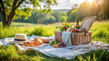 Stylish summer picnic on a white blanket from low angle