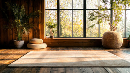 Fototapeta premium A serene home yoga studio with a minimalist design, featuring a yoga mat, meditation cushion, and calming decor for relaxation and mindfulness