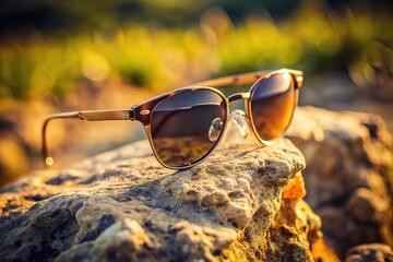 Stylish sunglasses perched on textured rock, nature accessory holder