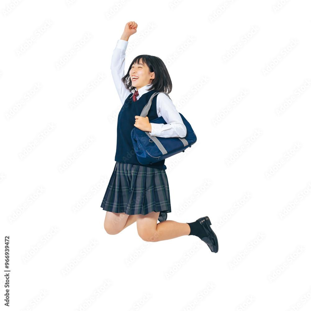 Aufkleber 制服を着て元気にジャンプする女子学生　手作業で精密に切り抜いた背景透過全身写真png