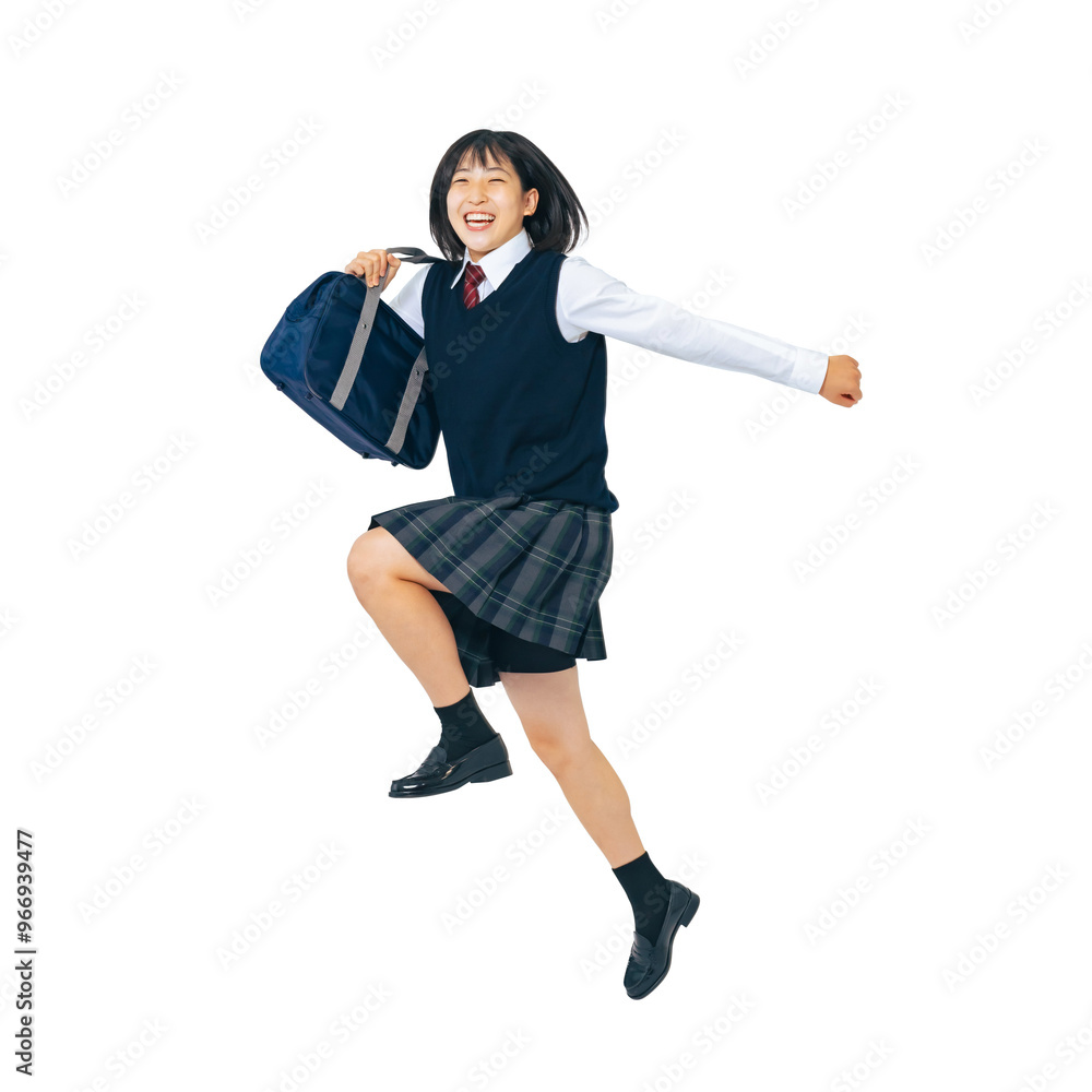 Poster 制服を着て元気にジャンプする女子学生　手作業で精密に切り抜いた背景透過全身写真png