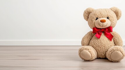 Obraz premium Cute Teddy Bear with Red Bow on Wooden Floor