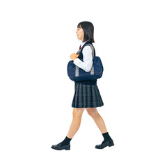 制服を着て歩く女子学生　手作業で精密に切り抜いた背景透過全身写真PNG