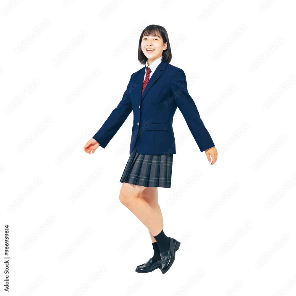 Aufkleber 制服を着て笑顔で歩く女子学生　手作業で精密に切り抜いた背景透過全身写真png