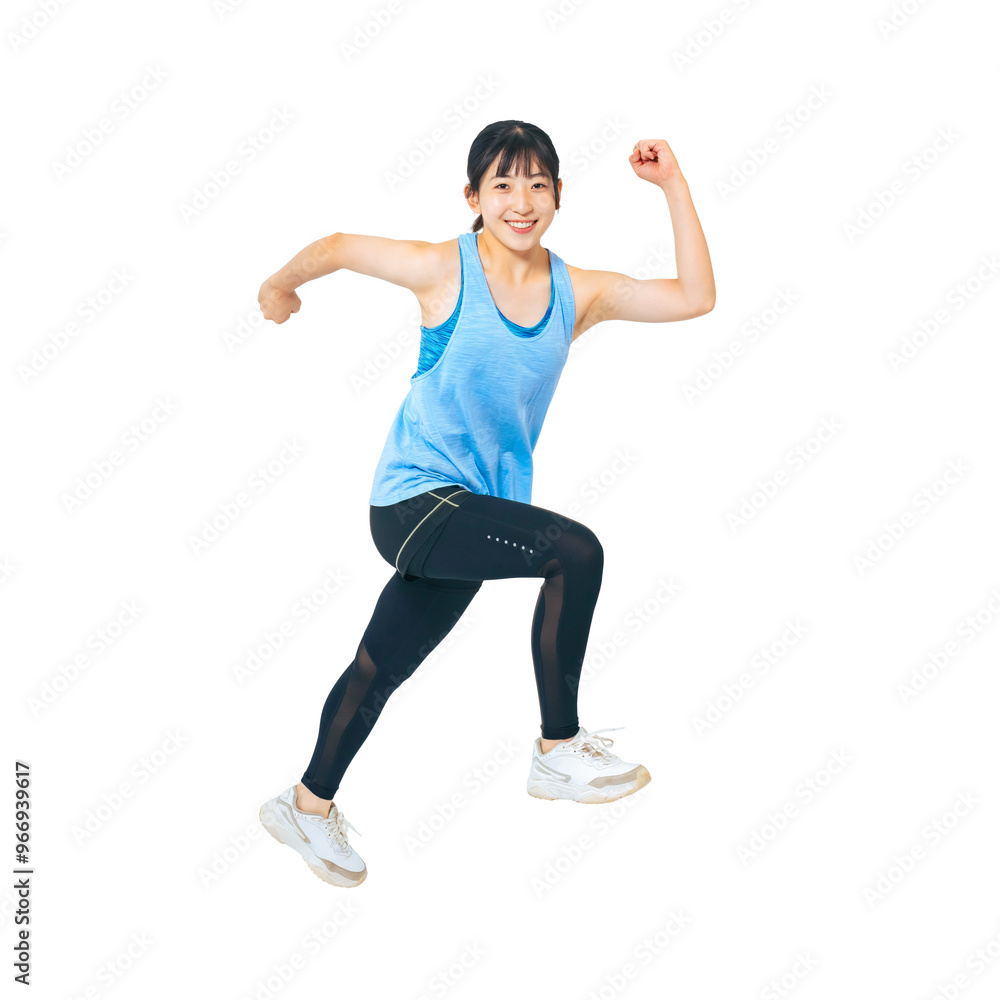 Aufkleber スポーツウェアを着てジャンプする女の子　手作業で精密に切り抜いた背景透過全身写真png