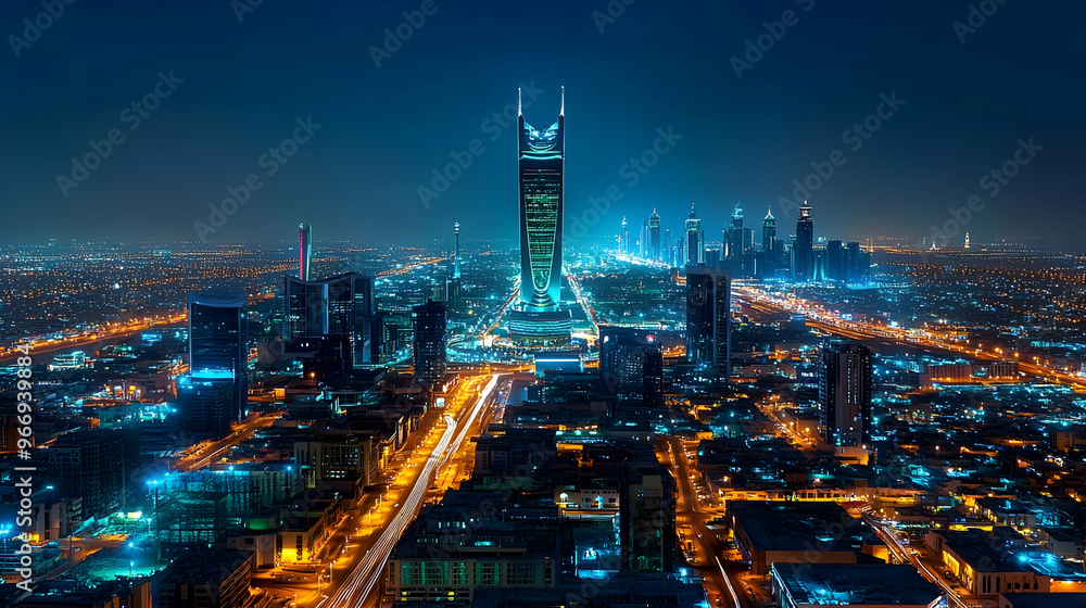 Poster A stunning nighttime cityscape showcasing illuminated skyscrapers and urban development.