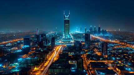 Fototapeta premium A stunning nighttime cityscape showcasing illuminated skyscrapers and urban development.