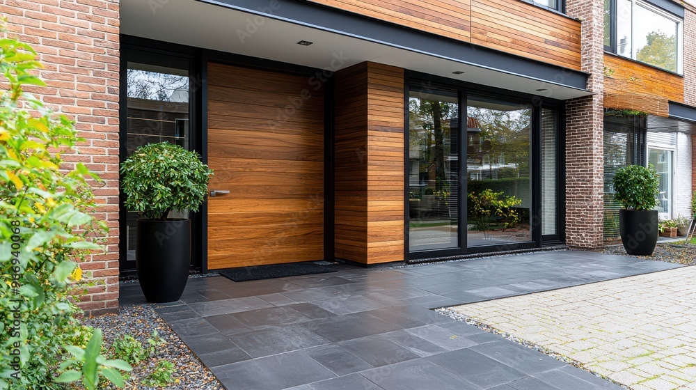 Canvas Prints Modern House Entrance with Wooden Door and Patio