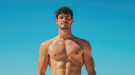 A man wearing a tank top and board shorts fully equipped and ready to catch some waves on a bright sunny day at the beach This image captures the casual