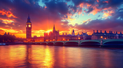 Naklejka premium A stunning sunset over the Thames, showcasing the iconic Big Ben and Houses of Parliament.