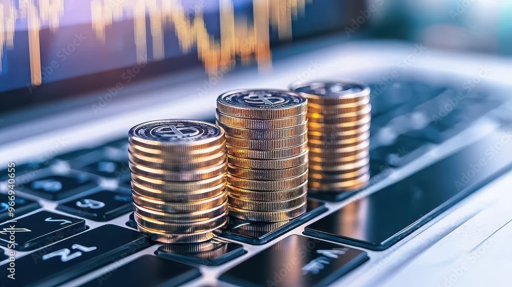 Poster golden coins stacked on laptop keyboard with blurred chart in background