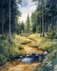Fototapeta premium Impressionist Watercolor Painting of Peaceful Forest Clearing with Flowing Stream
