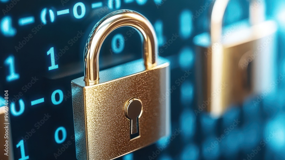 Poster golden padlock on digital background cybersecurity data security privacy