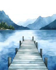 Obraz premium Serene Watercolor Landscape of a Tranquil Lake with Wooden Pier and Majestic Mountains