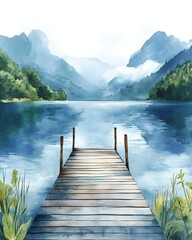 Fototapeta premium Serene Lakeside Retreat with Wooden Pier and Majestic Mountains