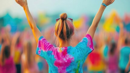 Carefree Woman Enjoying the Vibrant Atmosphere of a Music Festival Embracing the Retro Tie Dye Fashion Trend and Laidback Summertime Vibe