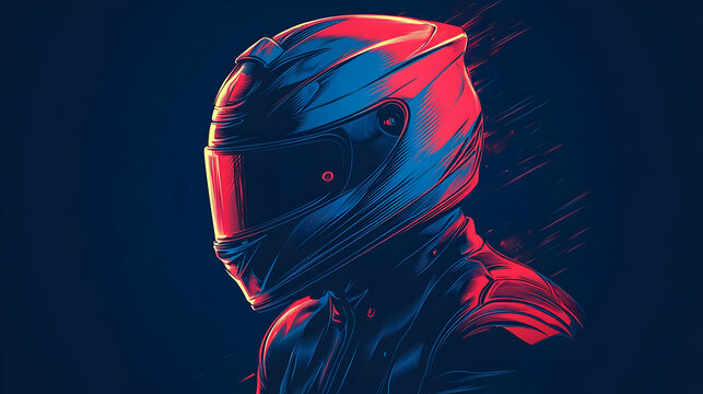 A stylized illustration of a motorcycle racer in a helmet, emphasizing speed and motion.