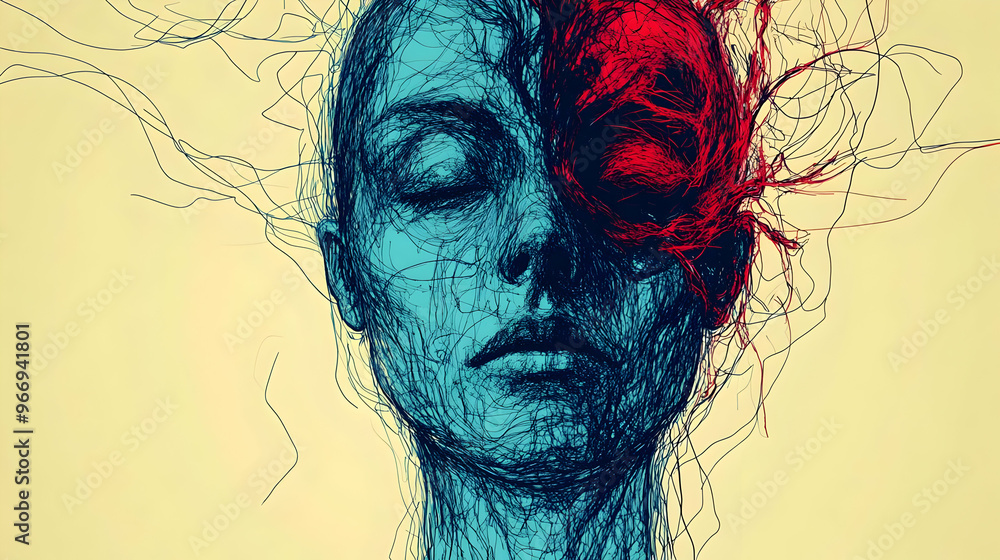 Poster a stylized portrait blending human features with abstract elements, exploring emotion and identity.