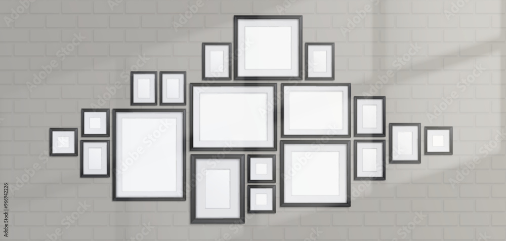 Aufkleber white brick wall with rectangle and square simple photo frame composition and shadow of window. real