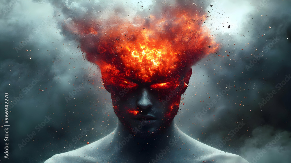 Poster A surreal depiction of a figure with an exploding head, symbolizing intense emotions or thoughts.