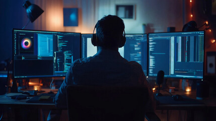 Entertainment content creator editing a video on a high-end computer with multiple monitors