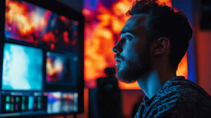 Obraz premium Entertainment content creator recording a reaction video with a dynamic background setup