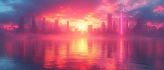 Futuristic Cityscape with Pink Sunset and Water Reflections