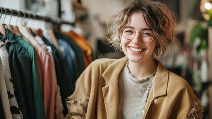 Naklejka premium Fashion content creator planning outfits on a stylish clothing rack