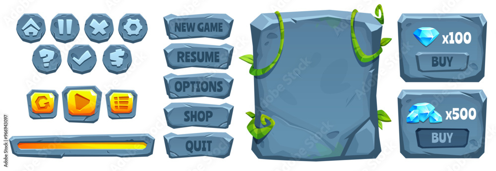 Aufkleber jungle stone game ui buttons set isolated on white background. vector cartoon illustration of cracke