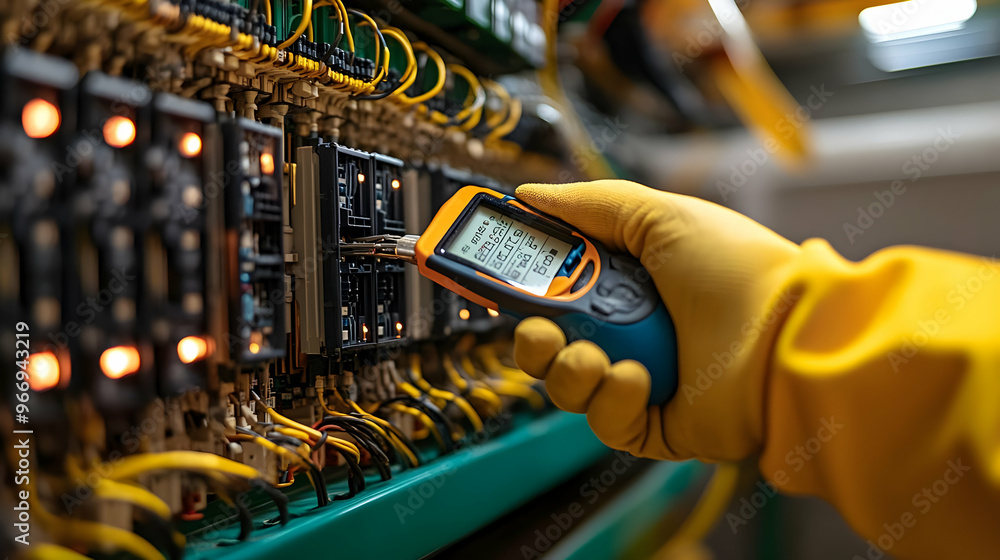 Poster a technician uses a multimeter to test electrical components in a control panel.