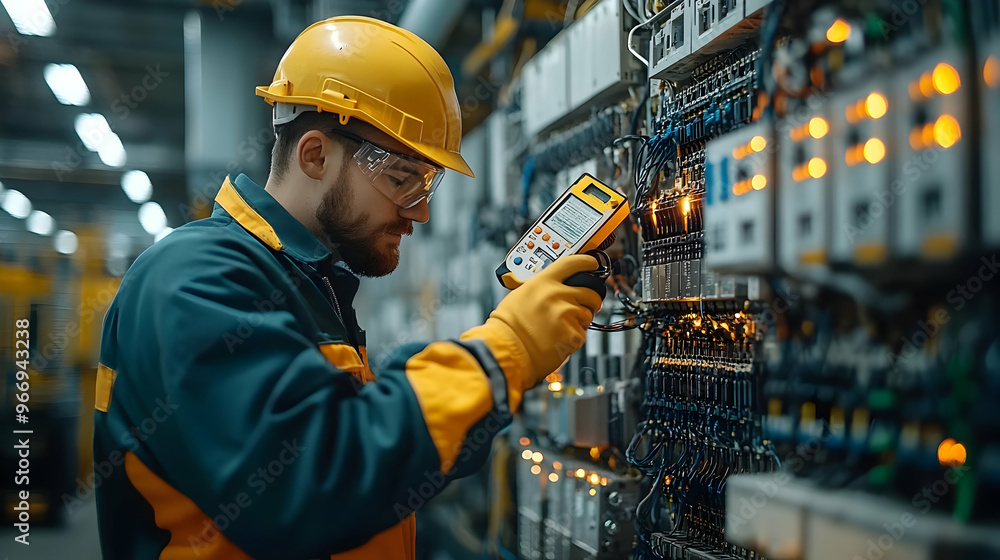 Poster a technician using a multimeter to inspect electrical circuits in an industrial setting.