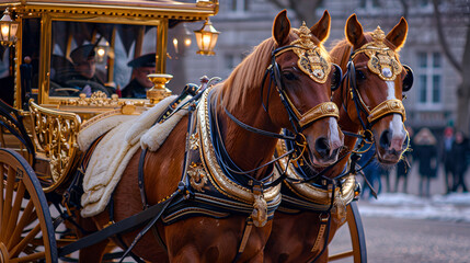 Obraz premium Golden coach with a pair of brown horses ai generative