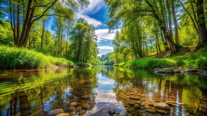 Fototapeta premium Summer landscape with a small forest river seen from a low angle
