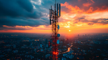 A telecommunications tower against a vibrant sunset over a cityscape.