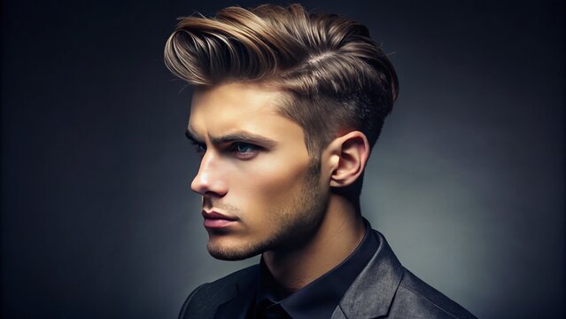 Svelte male model flaunts a chic, modern look, boasting cutting-edge barbering techniques that exude sleek