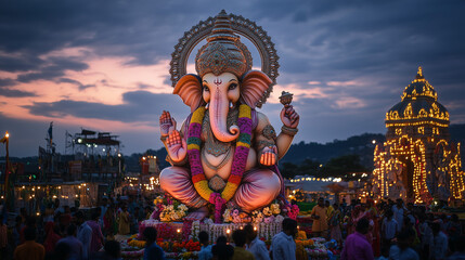 Ganesha Chaturthi, a large Ganesha idol decorated with colorful flowers and twinkling lights, Ai generated images