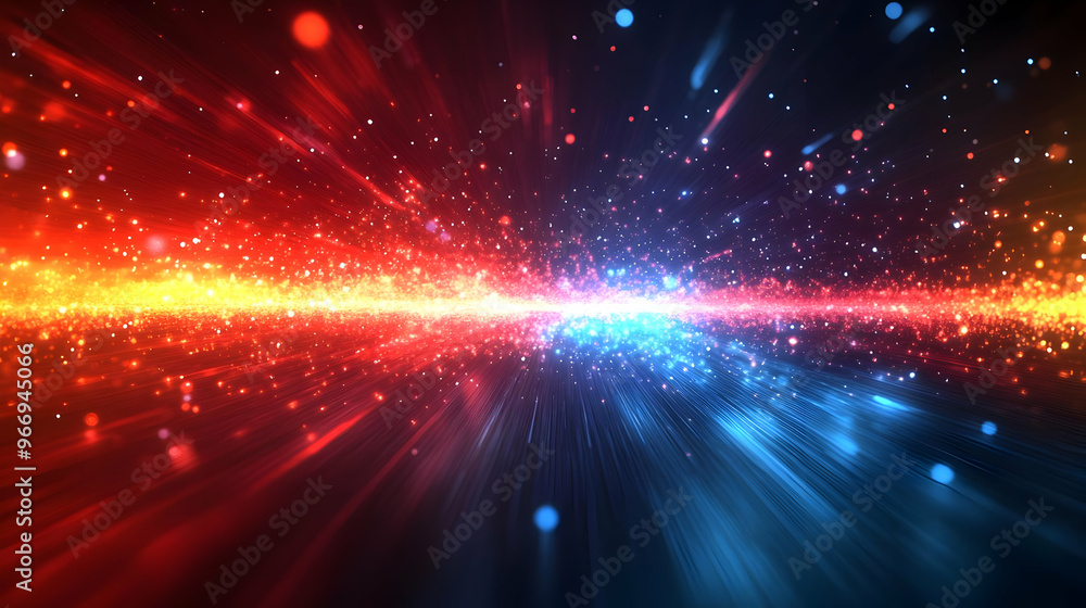 Poster a vibrant abstract background with dynamic light rays and colorful particles.