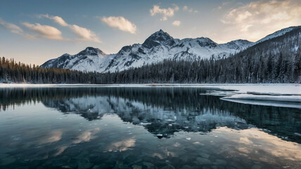 Naklejka premium a lake surrounded by ice mountains and trees