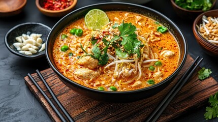 Delicious Thai Chicken Curry Noodle Soup with Lime  Bean Sprouts  and Cilantro