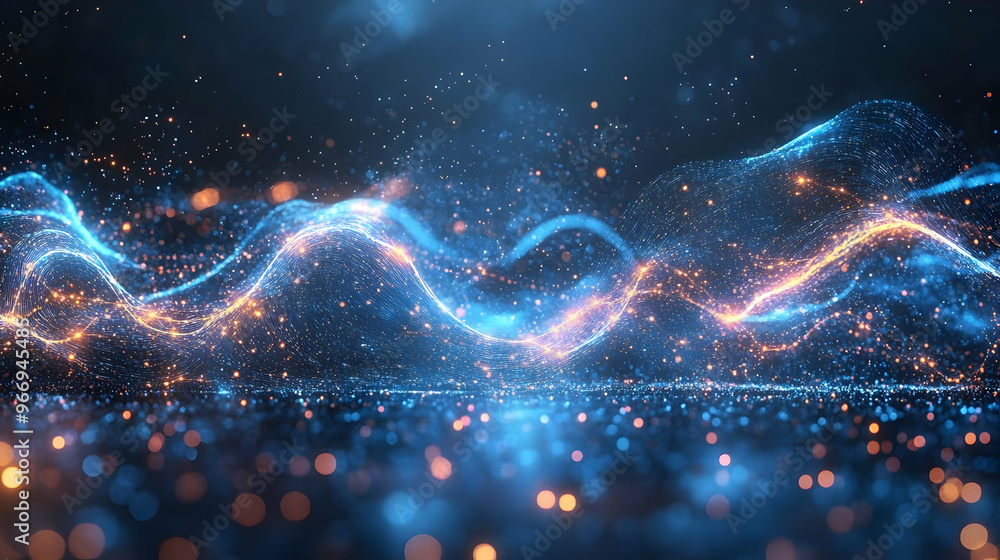 Poster a vibrant abstract representation of flowing energy with glowing particles and waves.