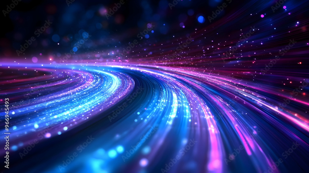 Poster a vibrant abstract representation of flowing light and color patterns in a digital landscape.