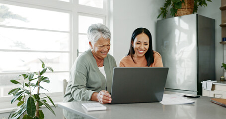 Kitchen, mother and woman with laptop for budget, track expenses and success for financial goals....
