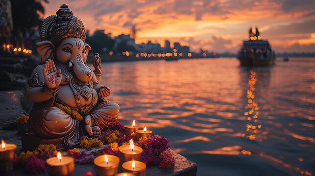 Ganesha Chaturthi, Ganesha idol placed on the river bank for Visarjan ceremony, dusk sky with shades of orange and red, calm river water reflecting candles and lanterns, Ai generated images
