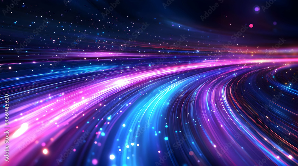 Poster a vibrant abstract representation of light trails and particles in motion.