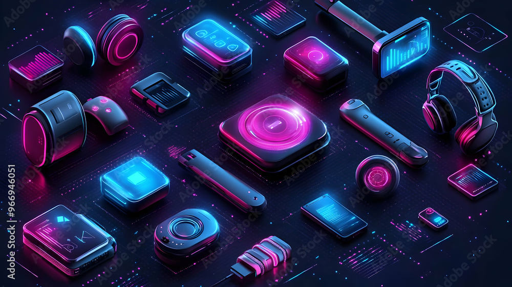Aufkleber a vibrant array of futuristic tech gadgets and devices in neon colors.