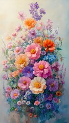 Flower garden rendered in watercolor style with delicate brushstrokes, soft gradients, and a lush, colorful portrayal of blooms.