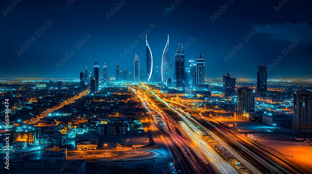 Poster A vibrant city skyline at night showcasing modern architecture and illuminated streets.