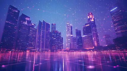 Fototapeta premium A vibrant city skyline at dusk, illuminated with colorful lights and digital effects.