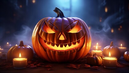 Fototapeta premium Glowing Jack-o'-Lantern with Candles on a Wooden Table