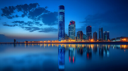 Obraz premium A vibrant city skyline at dusk, reflecting in calm water, showcasing modern architecture.